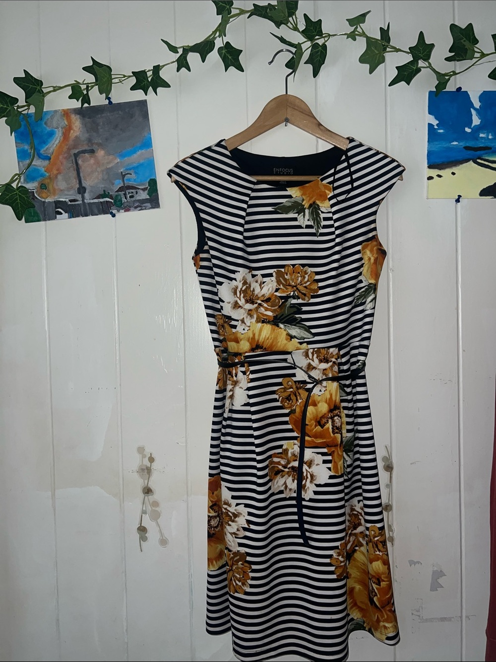 Enfocus studio Striped Floral Cap-Sleeve Dress in Black & White with Gold Floral
